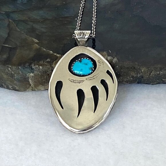 VTG Sterling Silver 925 Southwest Bear Pawn Shadowbox Turquoise Pendant Necklace - Picture 3 of 16